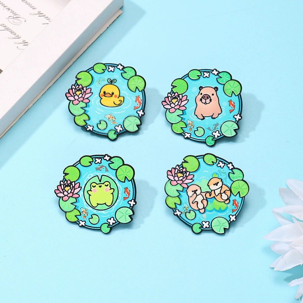 Flower Frog Pin - 만화 캐릭터 수영장 동물 에나멜 브로치,